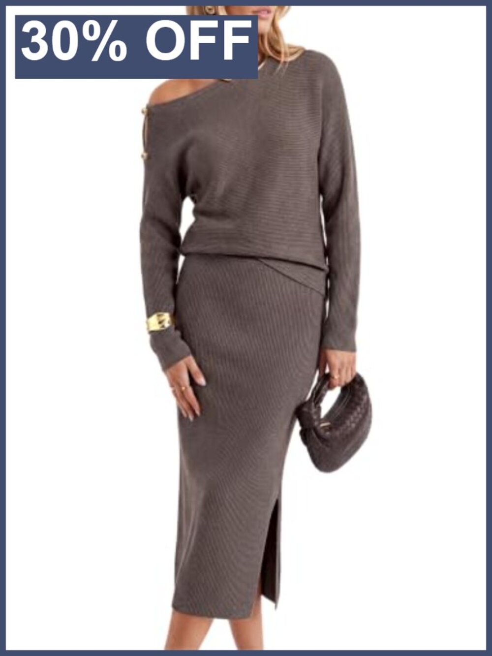 Wool Blend Off Shoulder Sweater and Midi Skirt Set